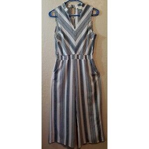 Monteau Women’s Jumpsuit Romper Blue White Sleeveless Pockets Medium